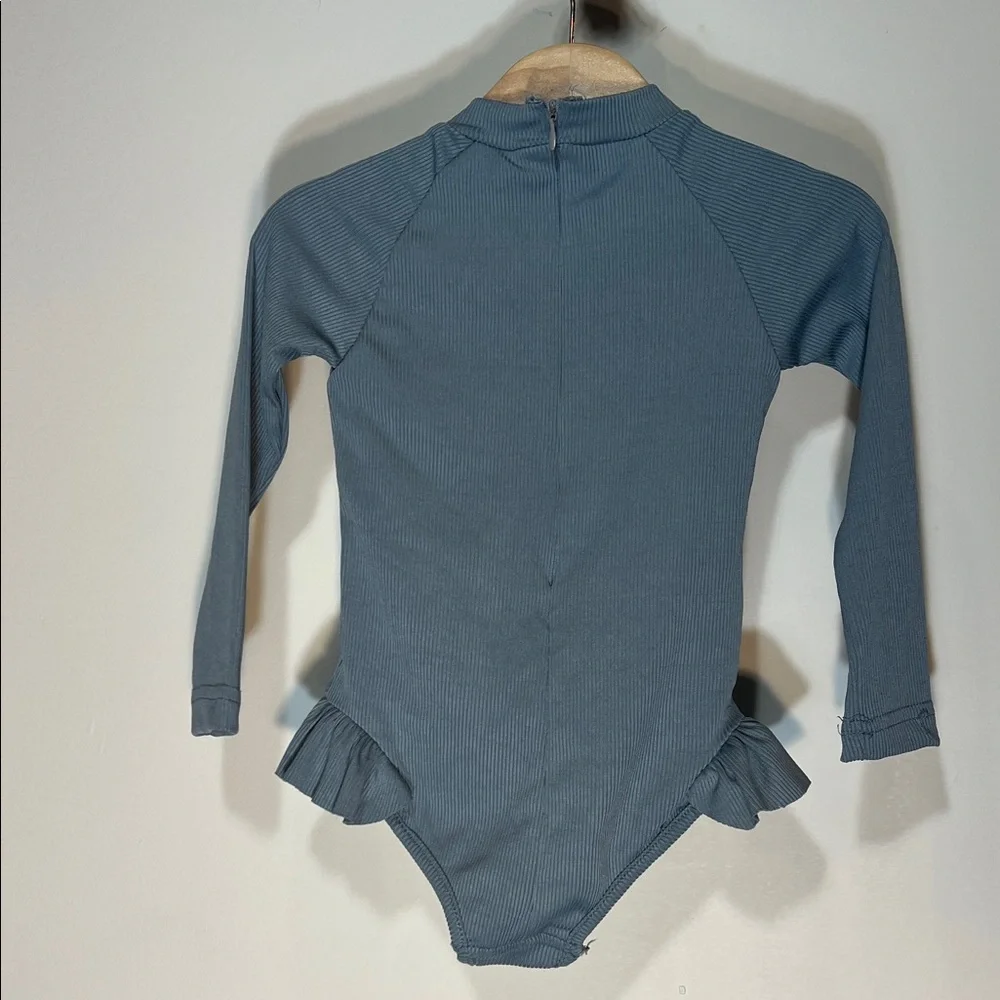 Girls Gray Blue Long Sleeve Swimsuit with Ruffle Detail